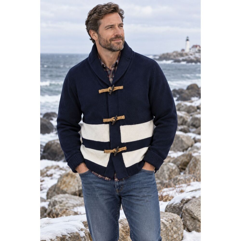 GAP Toggle Shawl Collar Fisherman Cardigan Men's Small Nautical Navy Striped